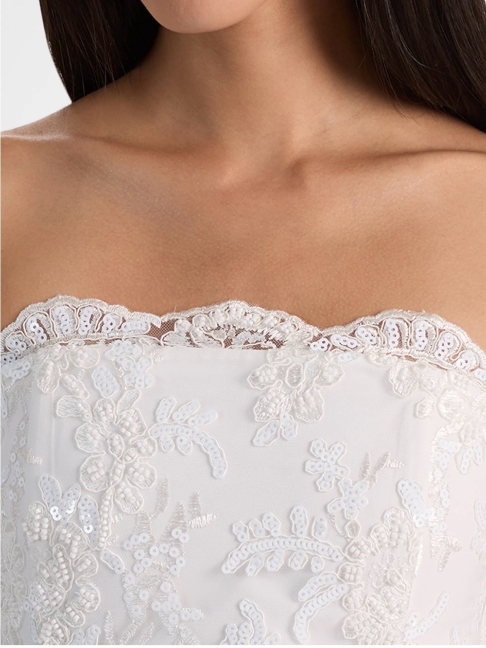 White Lace Sequin Strapless Crop Top - Picture 2 of 5